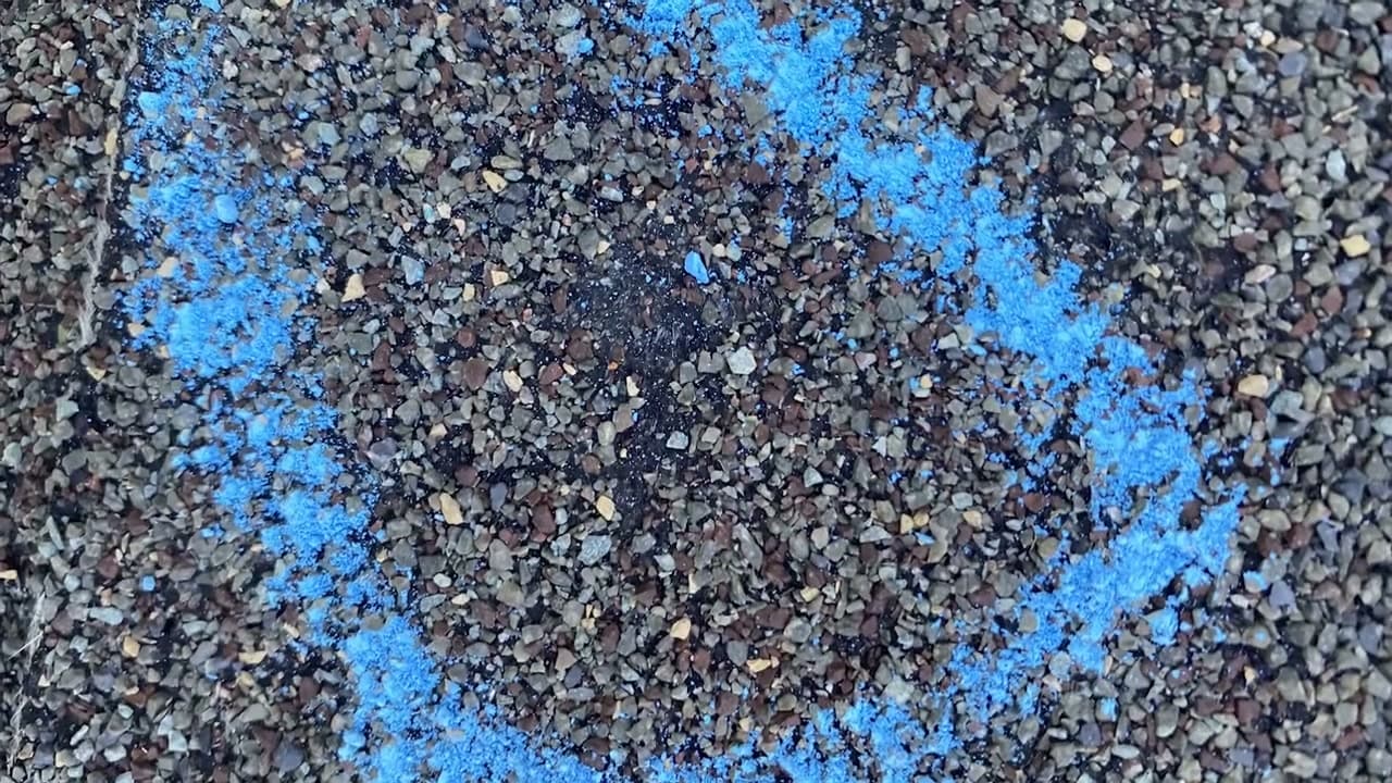 Blue chalk marks an impact area on an asphalt shingle.