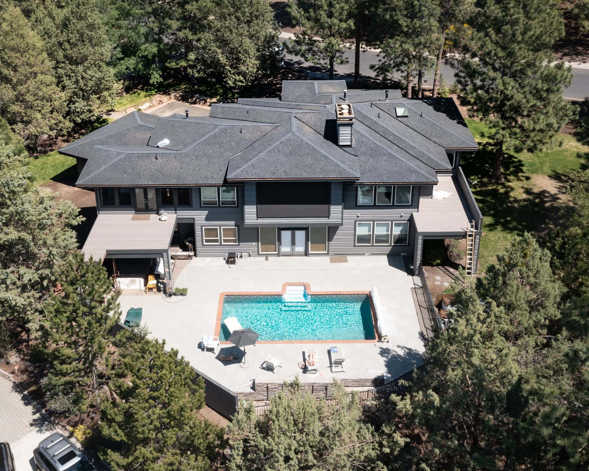 Aerial view of a Greenlee roof replacement in Bend, Oregon