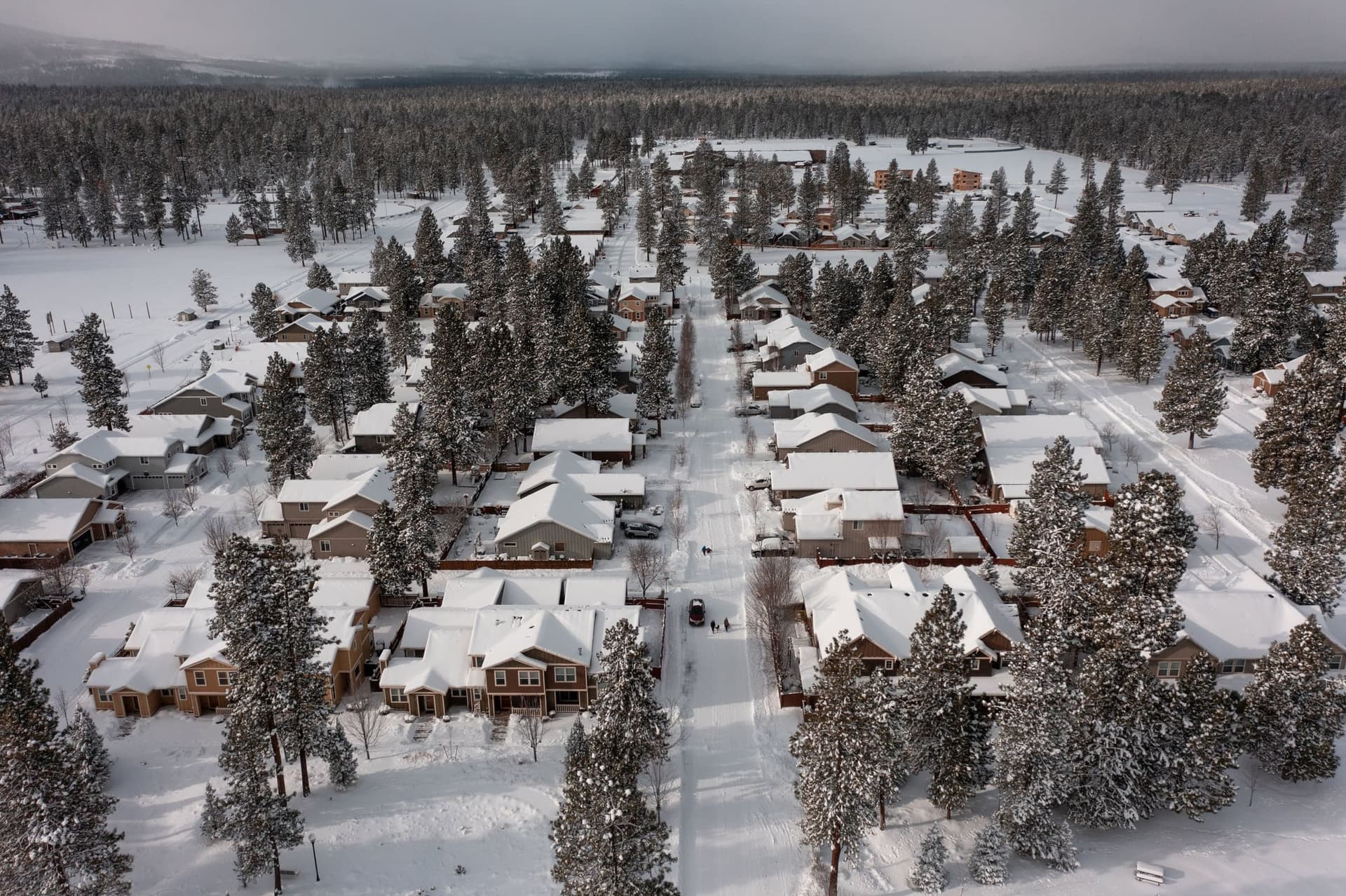 Snow-covered roofs and pine trees in a Central Oregon neighborhood.